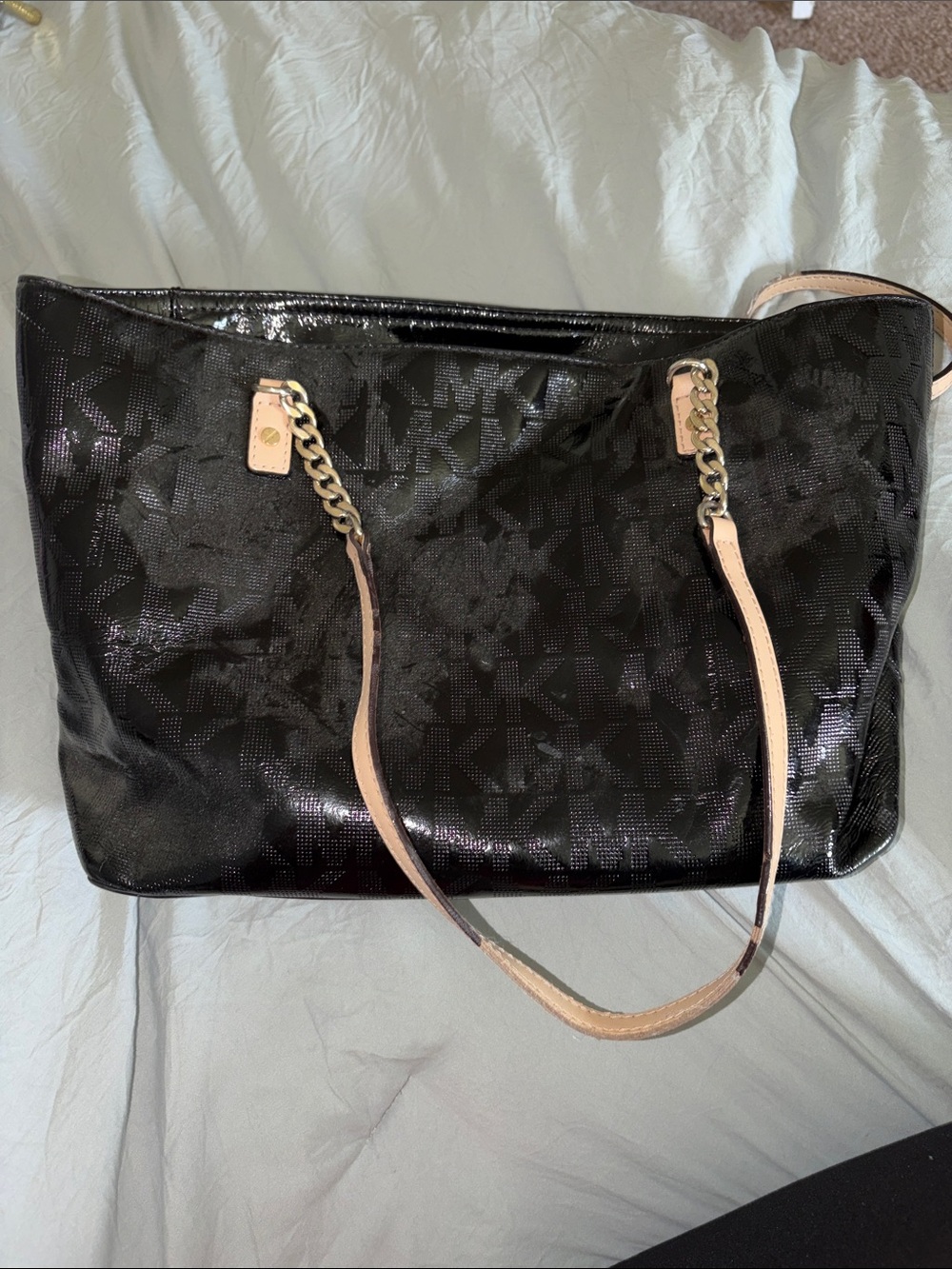 Michael Kors Black Patent Logo Tote with Beige Chain-Trim Straps